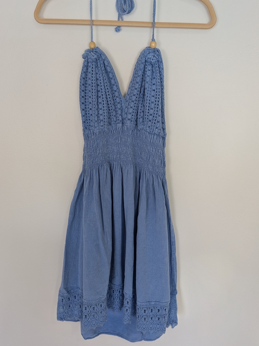 Cotton Crochet V Neck Backless Blue Sleeveless A Line Smocked Dress M NWT
